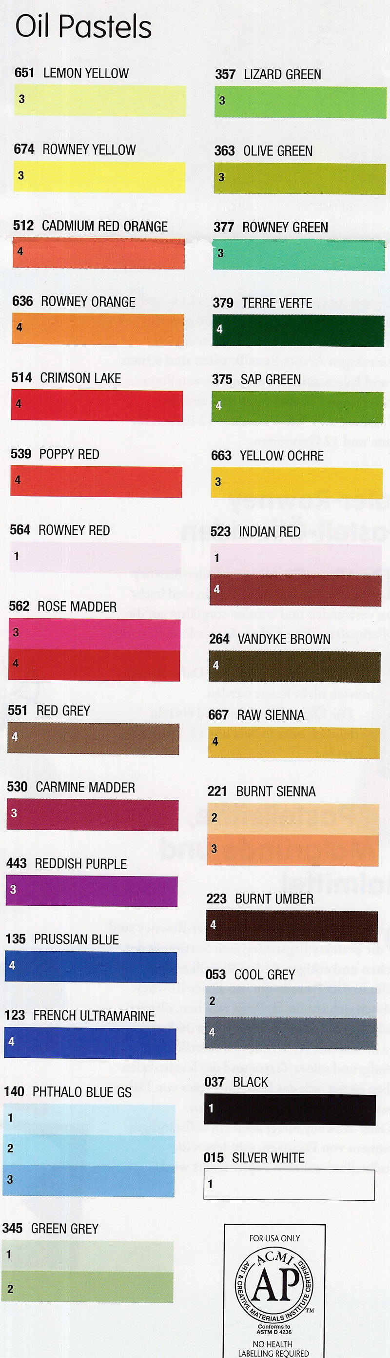 Daler Oil Pastel Colour chart